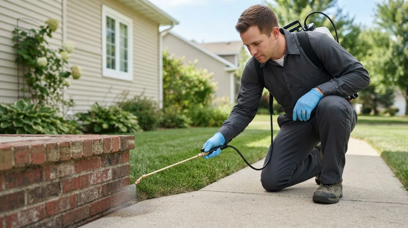 Pest control technician treating a home near Minot Afb, ND
