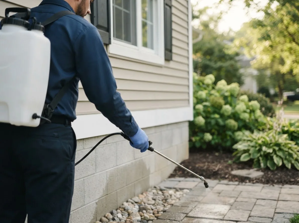 Pest control technician inspecting a home in Minot Afb, ND